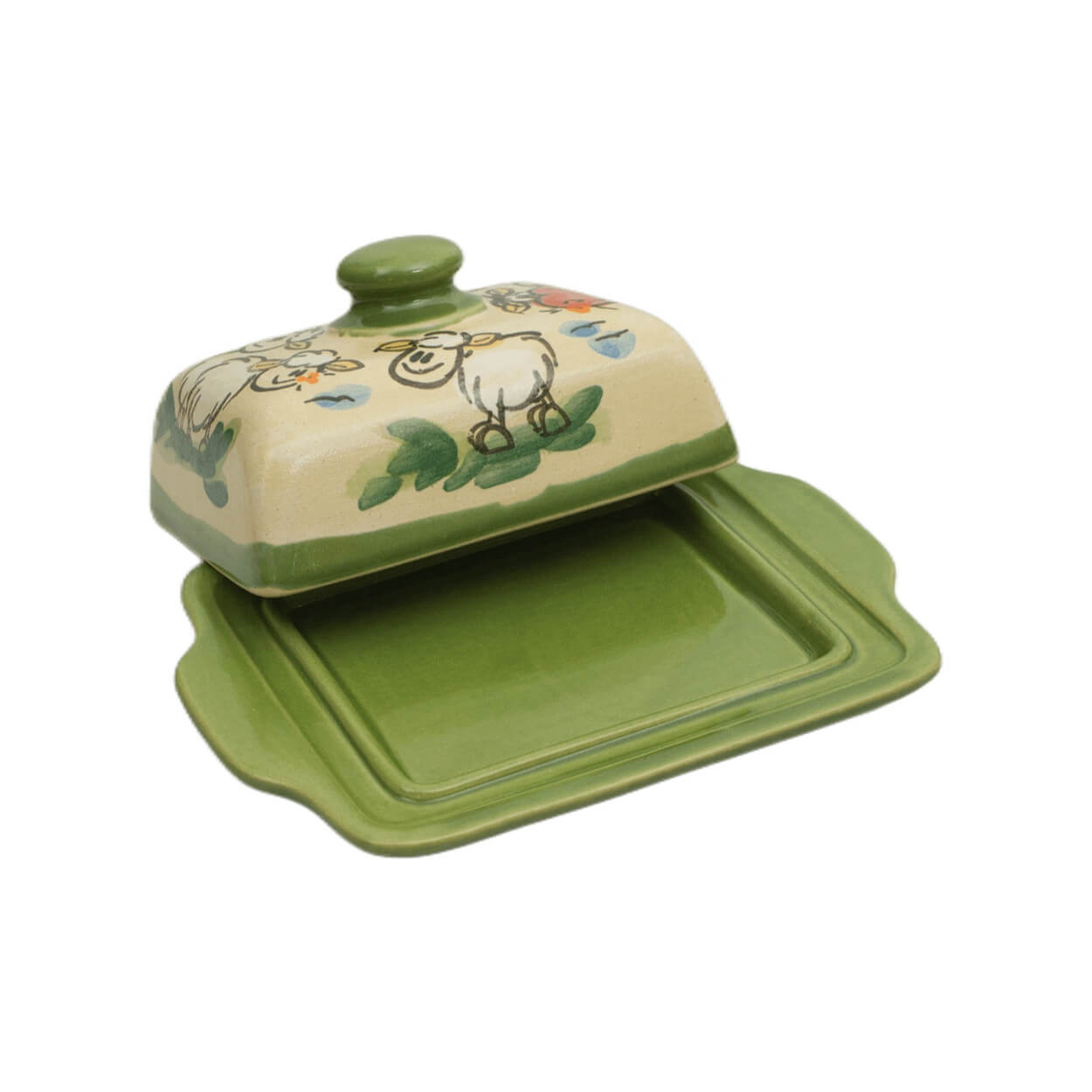 Seitenansicht Comic-Keramik-Butterdose Kuh Schaf grün