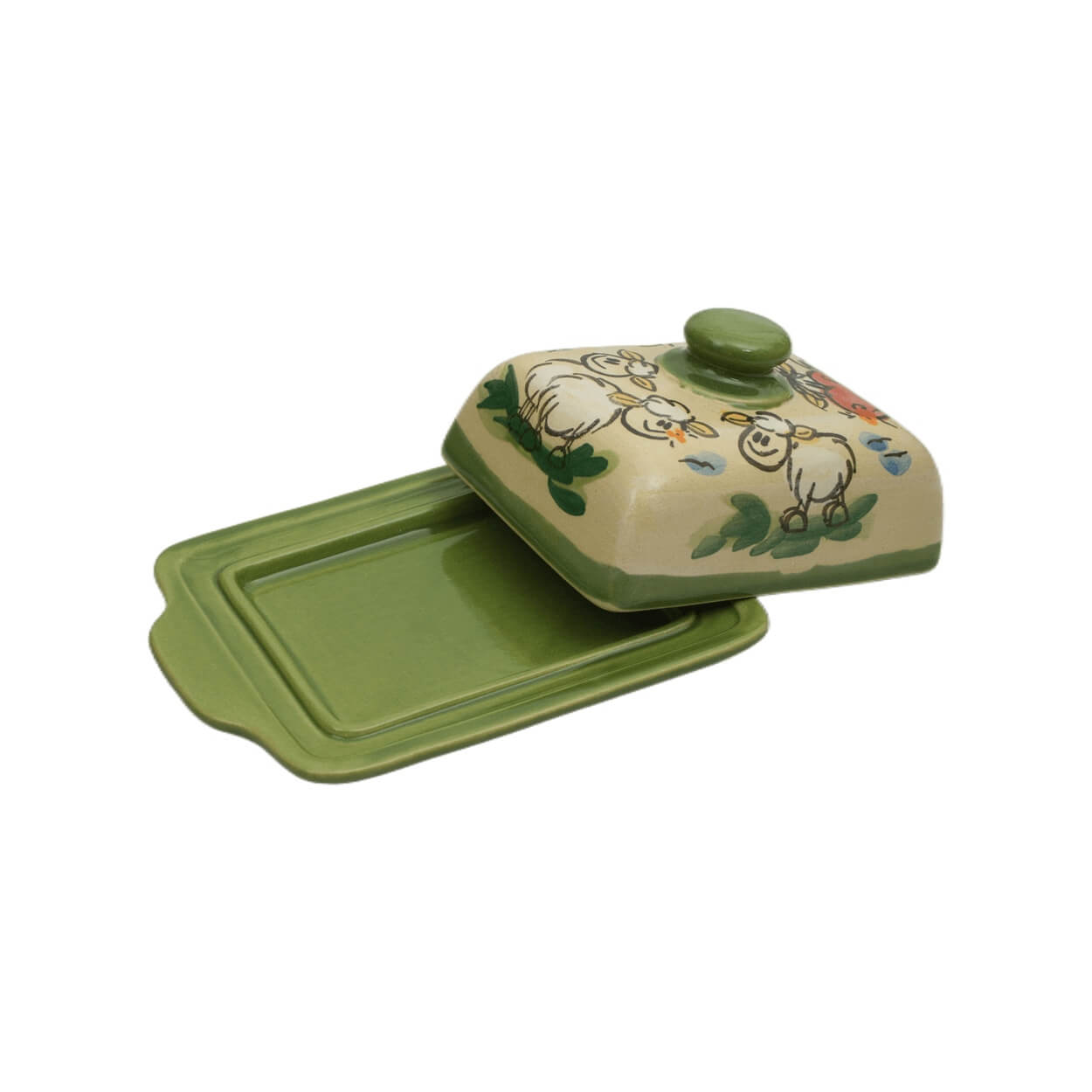 Seitenansicht Comic-Keramik-Butterdose Kuh Schaf grün
