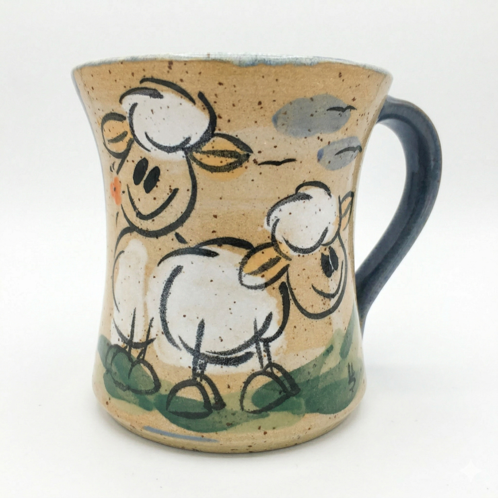 Blaue Keramik Tasse mit fröhlichem Comic Schaf Gesicht und Wollknäuel Optik aus Bad Kissingen
