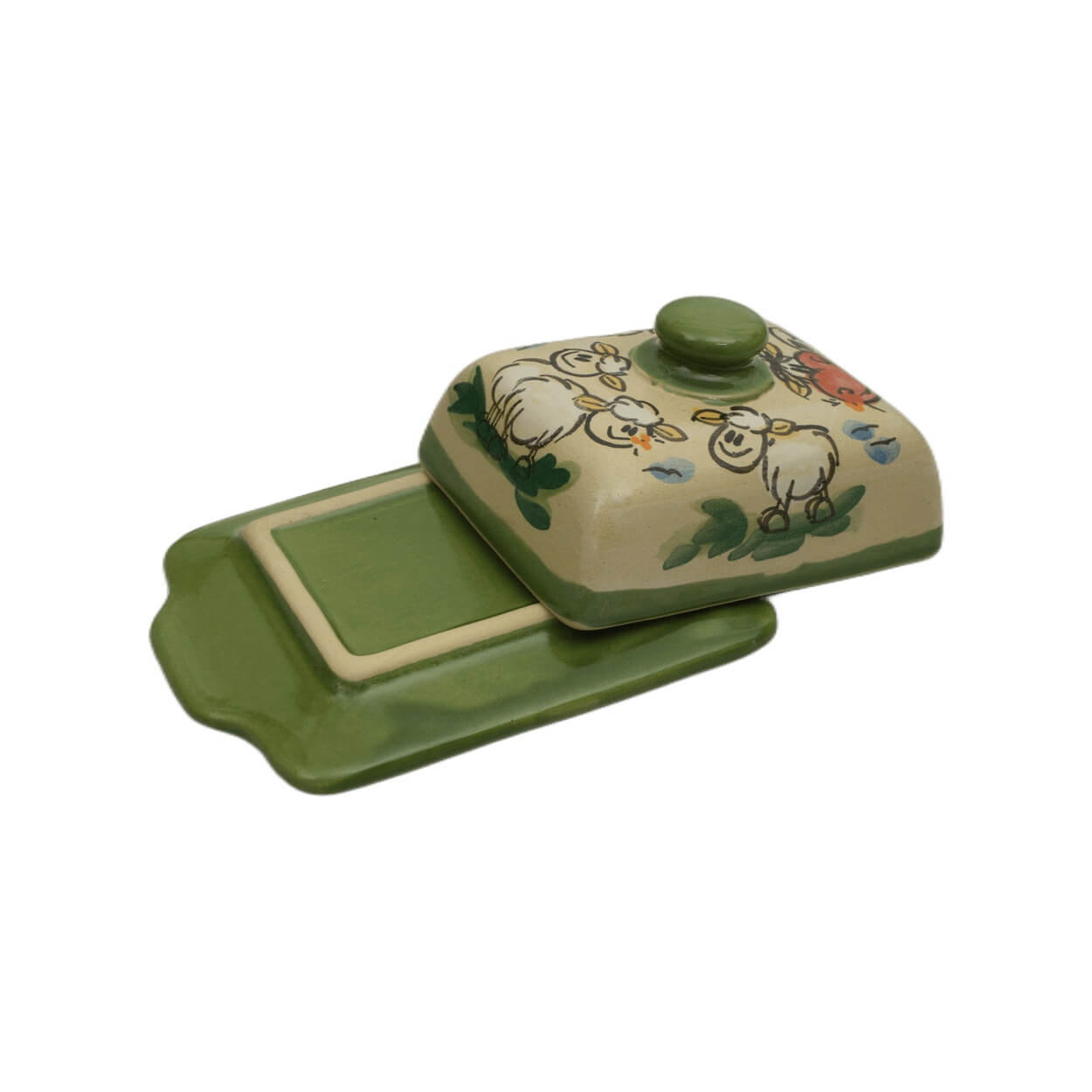 Seitenansicht Comic-Keramik-Butterdose Kuh Schaf grün